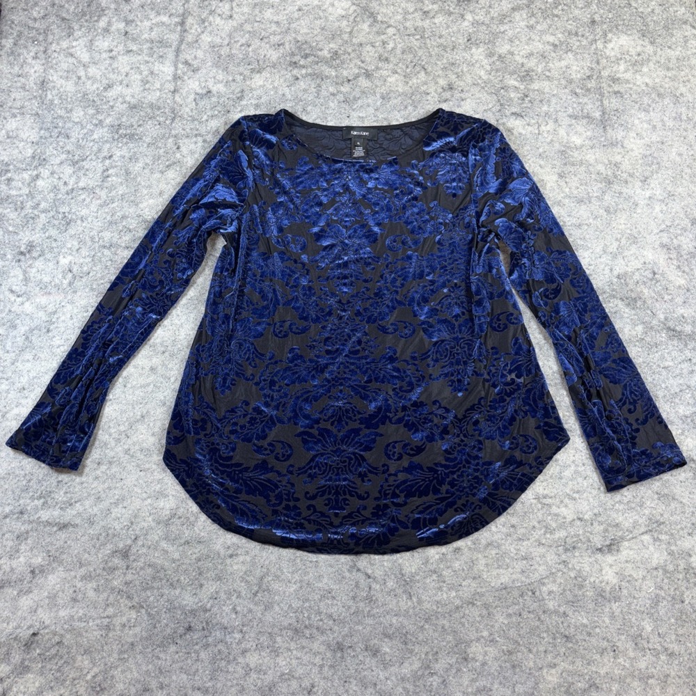 Karen Kane Blouse Women's XL Blue & Black Floral Velvet Burnout  Whimsygoth